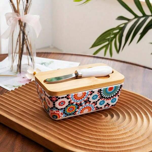 1pc Kitchen Butter Keeper Dish With Bamboo Lid, Ceramics Butter Box With Retro Floral And Plaid - Airtight Butter & Margarine Container, Hygienic Non-Porous Surface, Rust-Resistant Countertop Or Tableware Storage, Butter Keeper