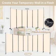 Divisor de habitacion plegable con ruedas divisor de 6 pies de alto para separacion de habitacion tabiques y divisores de habitacion moviles panel divisores de habitacion interior con tela para - Rueda-132''+Beige - Ver 6