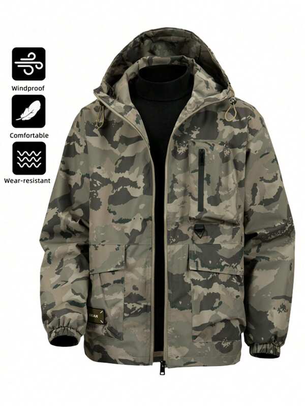 1 Stück Herren Outdoor Camouflage Sportjacke, Reißverschlusstaschen wind- und wasserbeständig, leichte Kapuzen-Windjacke, geeignet für Lässig Alltag und Outdoor-Aktivitäten, Frühling/Herbst