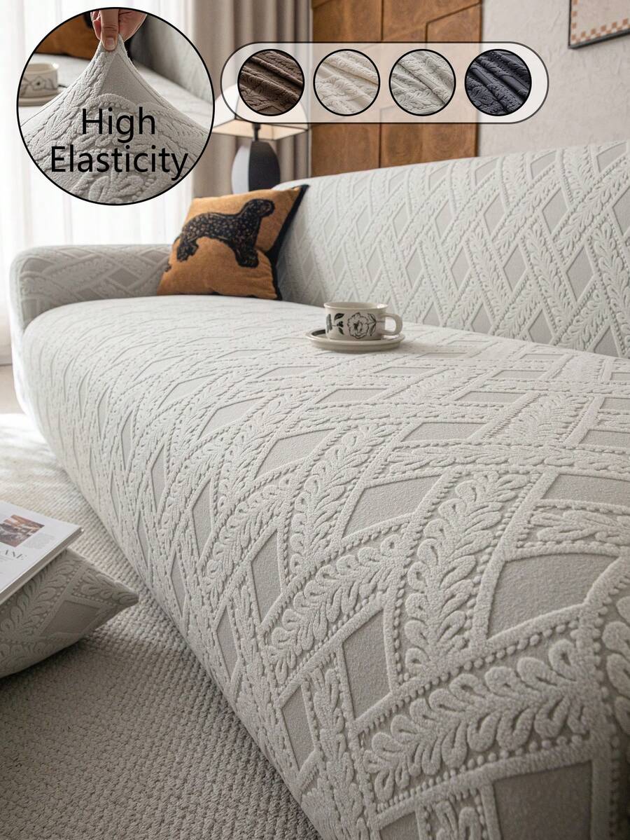 1 buah Sarung Sofa Elastis, Motif Daun - Dapat Dicuci dengan Mesin, Pelindung Sofa Anti Selip, Cocok untuk Sofa Satu hingga Empat Dudukan di Ruang Tamu, Kain Putih Bertekstur, Cocok untuk Semua Musim, Penting untuk Ruang Tamu | Sarung Sofa Minimalis | Sarung Sofa Pas - Light Grey - View 1