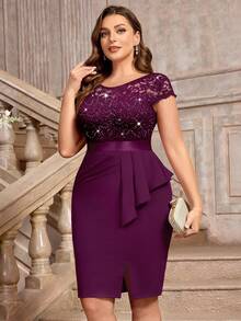 Plus Sequin Lace Bodice Ruffle Split Thigh Wrap Hem Cocktail Party Bodycon Dress, Valentine's Day Dress, Summer Dress, Evening Party Dress, Graduation Dress, For Birthday, Wedding Guest, Homecoming Spring - Maroon - View 7