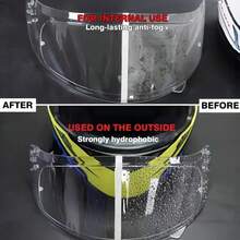 高效防护喷雾，适用于摩托车头盔、汽车挡风玻璃、卡车后视镜及各种透明表面。采用水滴扩散技术，快速防水，提升视觉清晰度。同时具有防紫外线、防潮和防雾涂层。持久涂层，适用于多种骑行和驾驶场景。