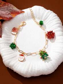 1 pieza Pulsera de Encantos Navideños - Pulsera de Cadena Tono Dorado con Lazo Navideño y Dije de Árbol de Navidad - Joyería Festiva con Elementos Navideños como Regalo para Mujeres y Niñas