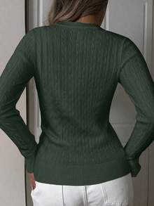 Apperloth A Women's Spring Casual Thin And Soft V Neck Long Sleeve Slim Fit Fitted Cropped Cable Knit Sweater Basic Pullover Top - Dark Green - View 3