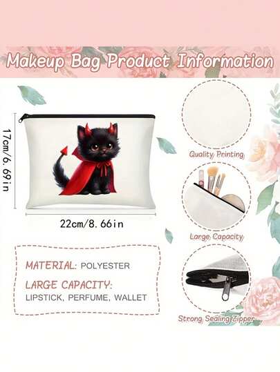 1 Pc Single-Sided Cute Makeup Bag With Red-Horned Devil Cat & Cape, Wine Glass & Ink Splash Art Designs – Designed By Professional Beauticians, Suitable For Brides And Bridesmaids At Purple Wedding Ceremonies. It Is A Durable Polyester Cosmetic Bag With Large Capacity, Also A Portable And Lightweight Travel Storage Bag, And Machine-Washable​