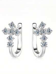 925 Sterling Silver 0.36ct*2 Natural Diamond Cross Earrings, U-Shaped Personalized Diamond Ear Clips, New Fashion Retro Unique Luxurious Mature Lightweight Luxury Niche Fresh Sweet Casual Minimalist Classic Luxury Daily Outfit Easter Gift Box