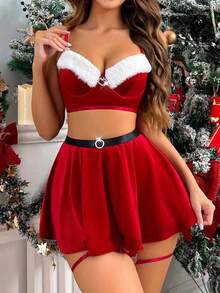 Women's Christmas Naughty Lingerie Plush Patchwork Bra Thong Skirt And Leg Circles Sets - Red - View 2