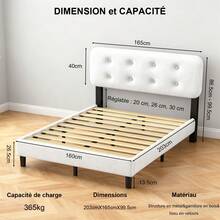 Cadre de lit 160x200 cm, lit Rembourré Blanc Cassé, Tête de lit Moelleuse, Réglable en Hauteur, Facile à Monter, Robuste et Stable (Matelas Non inclus) - Blanc - Voir 2