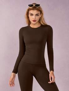 1 Set Women Elastic Tight Fit Thermal Lined Lifting Waist Long Sleeve Pants Sports Suit - Brown - View 5