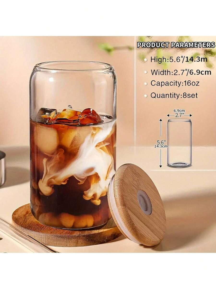 1/4 Glass With Bamboo Lid And Glass Straw, Easter Gift For Wife Or Mother - Cylindrical Drinking Cup Gift, 16 Oz Iced Coffee Cup, Cute Milkshake Cup, Boba Milk Tea Cup, Water Cup, Stylish Drinkware, Hand Wash Only, Reusable Straw Cup, Portable Drinkware, Office Drinkware - 透明4pc - 查看 1