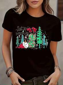 Women's Black Round Neck T-Shirt Comfortable Casual Sporty Cotton Autumn Winter Fashion Clothing - 黑色 - 查看 1