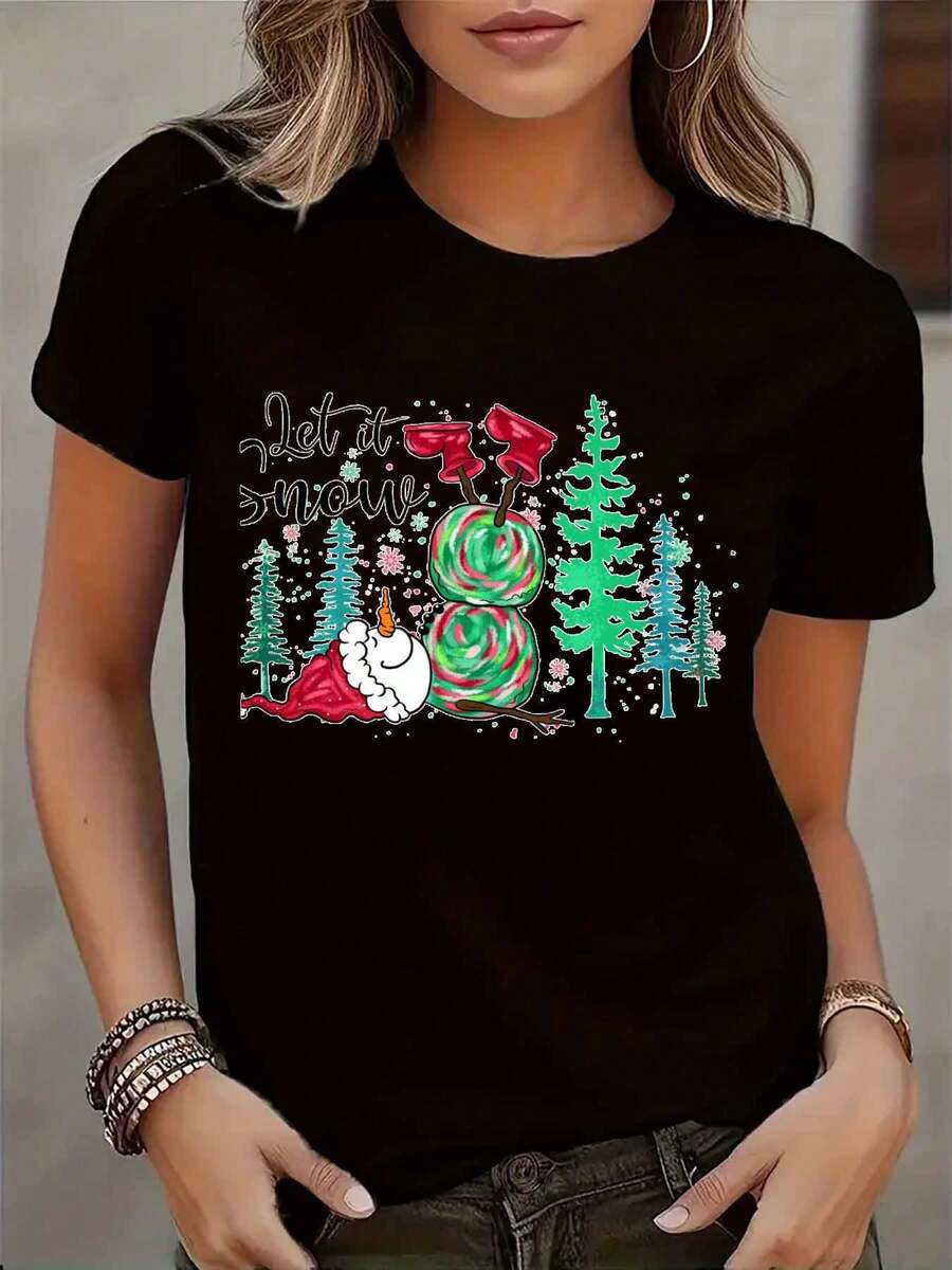 Women's Black Round Neck T-Shirt Comfortable Casual Sporty Cotton Autumn Winter Fashion Clothing - 黑色 - 查看 1
