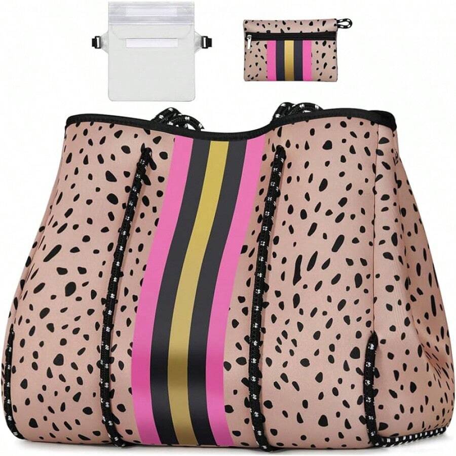Large Multipurpose Neoprene Beach Tote Bag With Inner Pocket Women/Pool - A7棕色豹紋升級版 - 查看 1