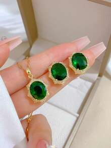 Bộ trang sức cổ điển gồm dây chuyền và bông tai đính đá hình oval ngọc lục bảo, thanh lịch dành cho nữ, thích hợp cho các bữa tiệc, đeo hàng ngày và các lễ hội. - màu xanh lá - Xem 2
