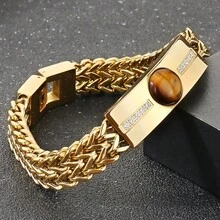 Classic Men's Bracelet With Tiger Eye Stone 12MM Width Gold Color Stainless Steel Link Chain Man Bracelets Jewelry Accessory - Gold - View 7