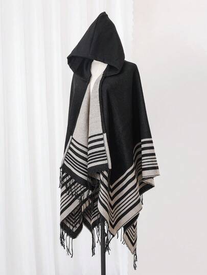 1 件条纹提花流苏连帽披肩，日常穿着