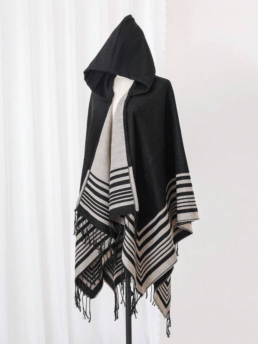 1 件条纹提花流苏连帽披肩，日常穿着 - 彩色 - 查看 1