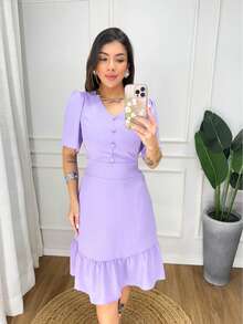 Duna Short Women's Dress With Elastex On The Back / Evangelical Fashion - Dusty Purple - View 3