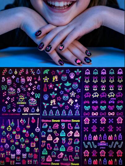 6 feuilles d'autocollants pour ongles de la série de Noël pour enfants, motifs de Père Noël, flocons de neige, sapin de Noël. Autocollants pour ongles adhésifs, conviennent comme fournitures et cadeaux de Noël pour DIY des ongles des filles et des enfants.