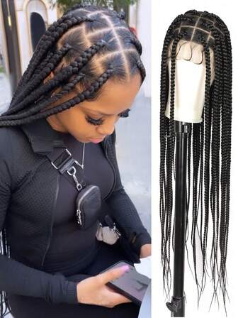 36 英寸大号无结盒编织假发，女士编织蕾丝假发，合成编织蕾丝前部假发，刺绣全双蕾丝编织假发，带婴儿发丝，长款黑色