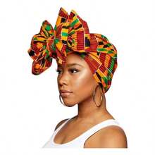 Ankara African Print Soft Headwraps Headband Long Hair Wrap Scarf Turban Tie Jersey Knit African Wraps - 1. 肯特布綠,黑,橙 - 查看 2