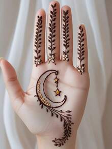 4 张月亮临时纹身模板套装 - 性感花卉图案，可用于手部、DIY 彩绘、墨水、可重复使用的 Mehndi 设计模板贴纸，适用于女性身体派对化妆 - 黑色 - 查看 4