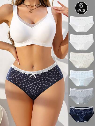 Quần lót cotton ren vá 6 chiếc/gói cho bé gái có nơ xinh xắn, quần lót hipster mềm mại và thoải mái