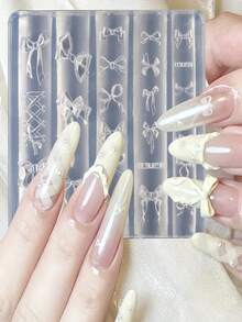 2个3D蝴蝶结模具硅胶美甲工具，配1支笔，可爱蝴蝶结美甲模板DIY美甲图案，可重复使用，适用于美甲沙龙配件和美甲装饰。