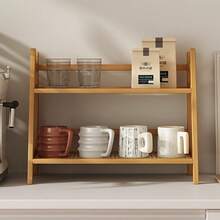 2-Tier Bamboo Countertop Storage Rack - Modern Cream Vintage Style, Trapezoidal Design, Wood Finish, Multipurpose Shelf For Dorms, Bedrooms, Offices And Kitchens, Vertical Shelf, Stand - 米色 - 查看 3