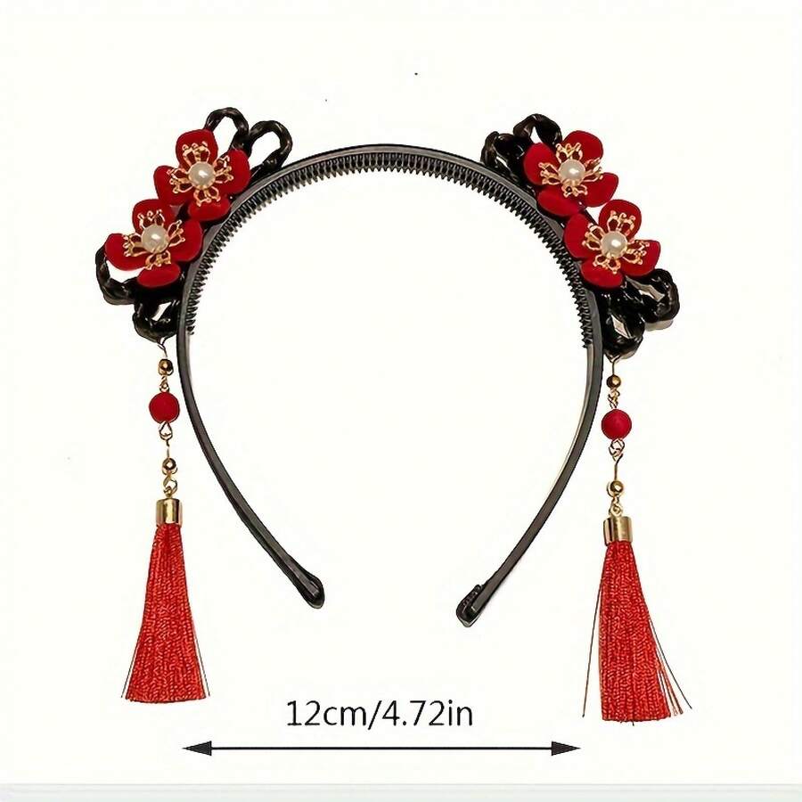 1 Piece Exquisite Chinese Style Hairband - Traditional Floral Tassel Design, Suitable For Festivals And Daily Wear, Black Hair Accessory For Fashionable Women - 紅色風格 A - 查看 1