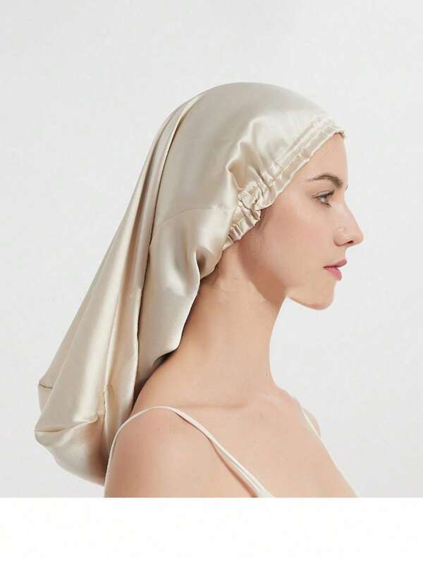 قبعة نوم طويلة من الساتان، قبعة العناية بالشعر مع حزام رقبة مطاطي، وشاح رأس من ألياف البوليستر بلون واحد