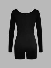 Women's Black Crew Neck Long Sleeve Short Jumpsuit, Stretchy Fabric, Petite Fit