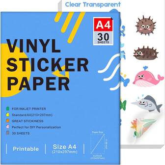 30 hojas tamaño A4 (297 x 210 mm) Papel de etiquetas transparente de vinilo premium imprimible para impresora de inyección de tinta, etiquetas autoadhesivas personalizadas DIY, resistente al desgarro, impermeable