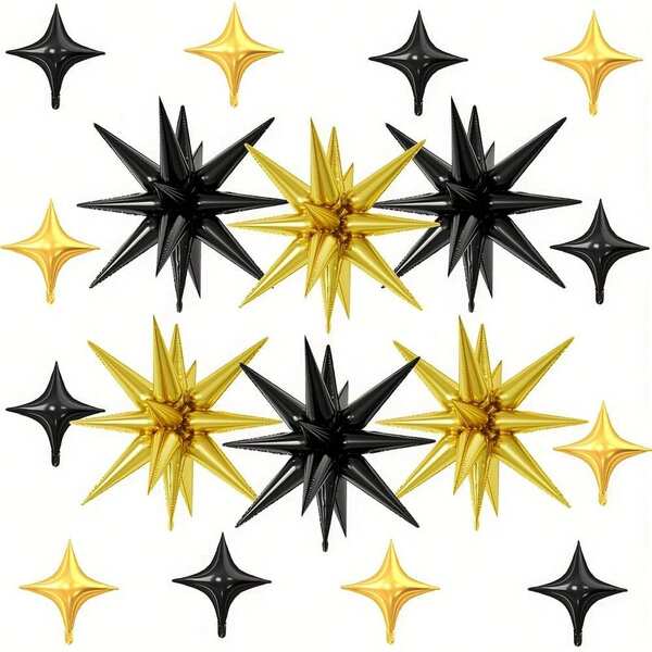 18pcs Black & Gold Star Balloons, 2026 New Year Decorative Balloons, 6pcs 22" Gold & Black Explosion Star Balloons, 12pcs 10" Foil Star Balloons For Anniversary, Disco, Birthday Party Decor