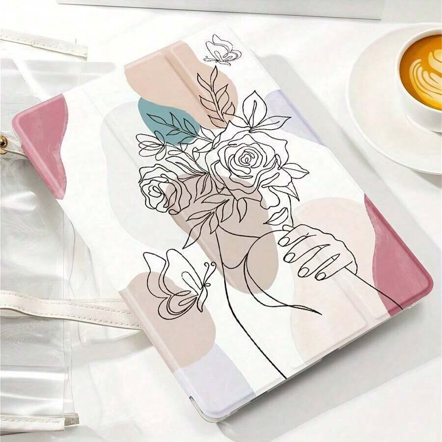 Flower Woman Pattern Tablet Case With Wake-Up Function For IPad Mini 6/9. 7/10. 2/10. 5/Air 4/Air 5/10th/10. 9/Pro 11 Inch/Air 11(M2)/Pro 11(M4) 2024 And GalaxyTab S6LITE 10. 4/A7 LITE/A8/A9+/S7/S8/S9/S9FE/S10/S7+ 12. 4/S8+ 12.. 4/S9+ 12.. 4/S9FE+ 12. 4 Transparent Bottom Case TPU PU Material Tri-Fold Flip Leather Case With Pen Slot, Standable - 白色 - 查看 1