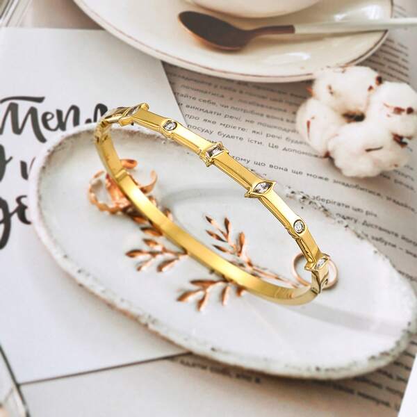 1 Pc Geometric Stainless Steel Bangle For Women, Featuring 18K Gold Or Silver Tone Finish With Multicolor Cubic Zirconia Inlay – Modern Minimalist Open Bracelet, Hypoallergenic, Perfect For Daily Wear, Parties Or As A Gift For Her