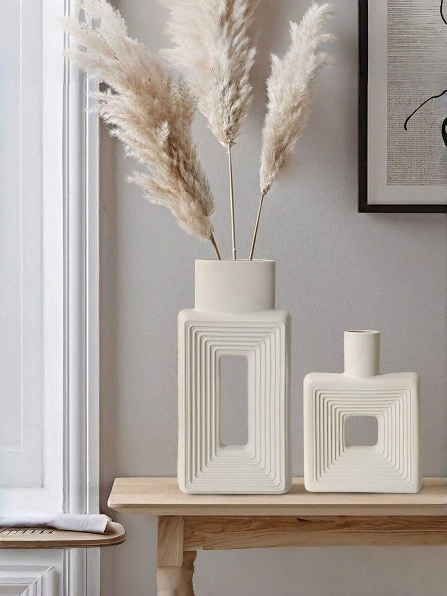 1个方形花瓶，乡村风格家居装饰，简约北欧波西米亚风格，适用于客厅、置物架、餐桌、书架、壁炉架和玄关装饰。