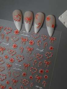 1pc 5D Jelly Embossed Red Christmas Candy Nail Sticker, DIY Self-Adhesive Waterproof Nail Art Decal - Đỏ + trắng - Xem 1