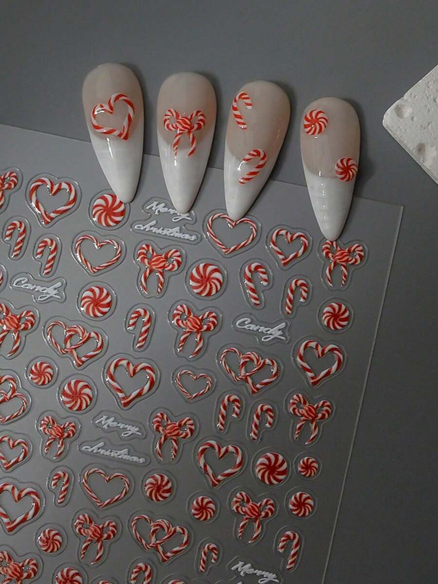 1pc 5D Jelly Embossed Red Christmas Candy Nail Sticker, DIY Self-Adhesive Waterproof Nail Art Decal - Đỏ + trắng - Xem 1