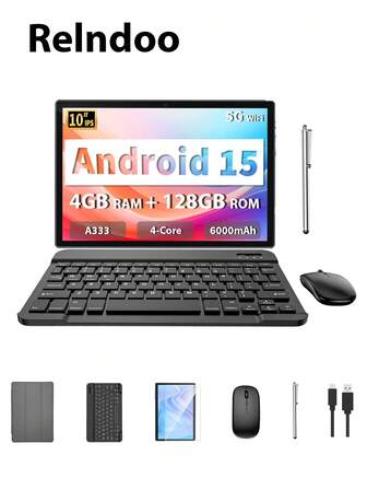 Relndoo 2025 Tablet Android 15 With Keyboard, 4GB RAM+128GB ROM, A333 Quad-Core 2.0 GHz, 10 Inch Laptop Android With Mouse, Laptop Case, Stylus, Cable, 1280*800px HD Touchscreen, 2MP+8MP Dual Camera, 802.11n Wifi 2.4G/5G Wireless, 6000mAh Battery, Supports 1TB SD Expansion, GPS, Certified Tablet PC (No Adapter)-Grey