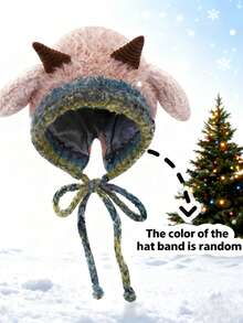 Ein süßer, modischer und vielseitiger gestrickter Hut mit Riemen für eine pelzige Weihnachts-Outdoor-Reise-Party für Damen, Mädchen und Studenten, um sich warm zu halten, die Ohren zu schützen und im Winter warm zu bleiben