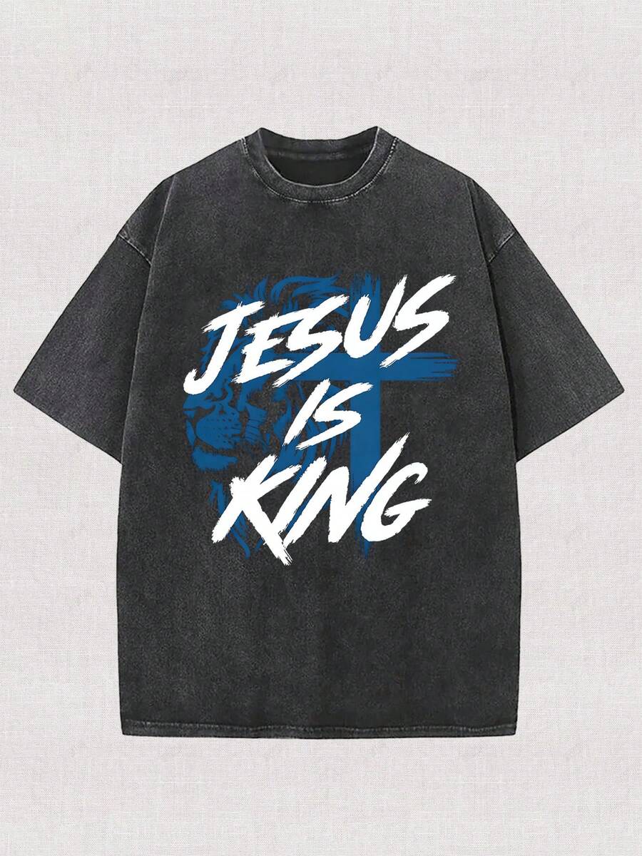 230g Washed, Blue Lion Print T-Shirt, High-Quality Wax Printed Cotton Retro Fashion Brand T-Shirt, Men's T-Shirt, Men's Summer Outfit Summer T-Shirt, Halloween Thanksgiving Gift, Holiday Gift - 黑色 - 查看 1