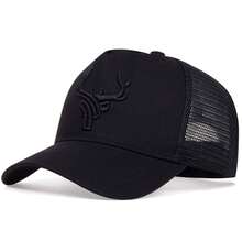 1pc Men's Antlers Embroidered Baseball Mesh Cap , Adjustable Outdoor Sun Protection Casual Hat , Suitable For Spring And Summer Travel , Beach Parties - Hitam - View 7