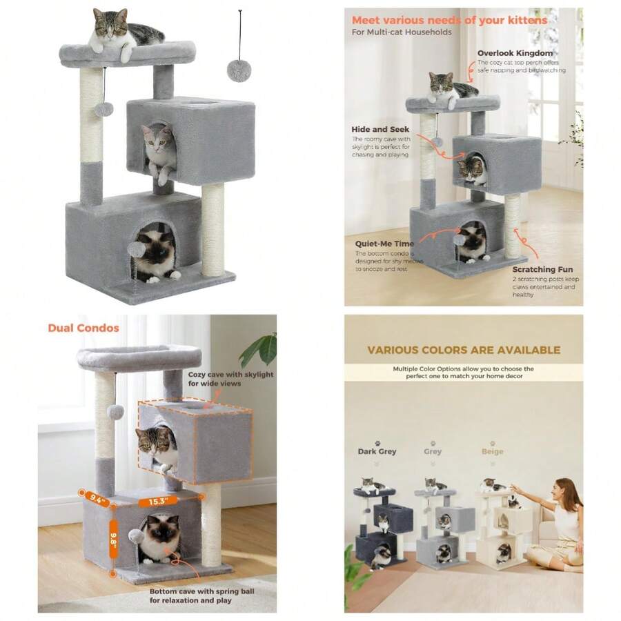32" Cat Tree Tower For Indoor Cats - 2 Cozy Condos, Multi-Level Cat Scratching Posts With Sisal, Soft Padded Perch, 2 Dangling Toys, Light Grey - Grey - View 1