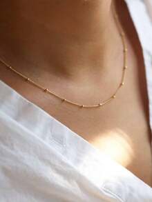 1pc Stainless Steel Fashion Personalized Single Layer Chain Necklace, Side Pearl Chain Necklace, Basic Daily Accessory (Pearl Bead Position Random) - Gold - View 6