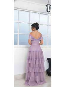 Vestido Longo Fora do Ombro e Saia em Cascata Perfeito para Casamento - Lilás - Visão 2