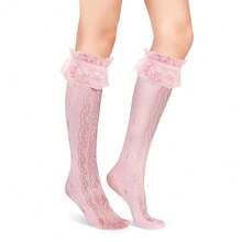 Benefeet Sox Lace Knee High Socks Women Girls Patterned Mesh Fishnet Knee High Stockings Hollow Calf Lolita Sock{"Color_name":"Pink-LaceRuffleFloralPattern"} - 粉紅色蕾絲荷葉邊花卉圖案 - 查看 5