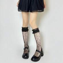 Benefeet Sox Lace Knee High Socks Women Girls Patterned Mesh Fishnet Knee High Stockings Hollow Calf Lolita Sock{"Color_name":"Black-LaceRuffleFloralPattern"} - 黑色蕾絲荷葉邊花卉圖案 - 查看 9