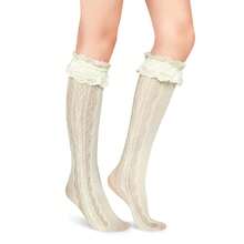 Benefeet Sox Lace Knee High Socks Women Girls Patterned Mesh Fishnet Knee High Stockings Hollow Calf Lolita Sock{"Color_name":"CreamyYellow-LaceRuffleHeart"} - 奶油黃蕾絲荷葉邊心形 - 查看 8