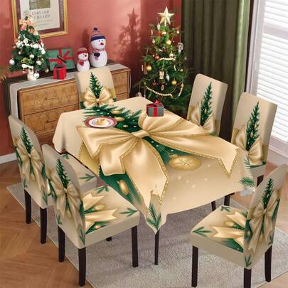 1/4/5/6/7/36pcs Christmas Tree Pattern Print Chair Cover/Slipcover Set With Christmas Balls And Bows, Suitable For Indoor Home, Restaurant, Hotel, Ideal For Modern Daily Decor. Tablecloth Fits Square Dining Table, Elastic Chair Cover Is Washable.
